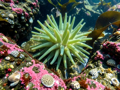 Green sea anemone colony in shallow tide pool, tentacles extended in clear water