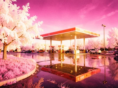 A gas station at golden hour with white trees reflected in the wet parking lot