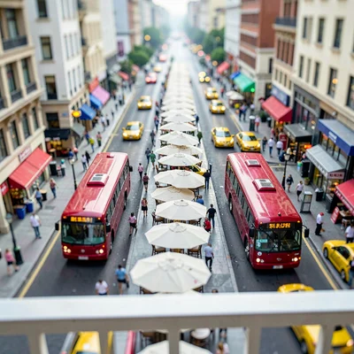 Looking out from a hotel balcony, tilt-shift photograph of a busy city street, s