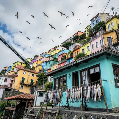 Valparaiso hillside color, painted houses climbing, Fish drying on racks outside