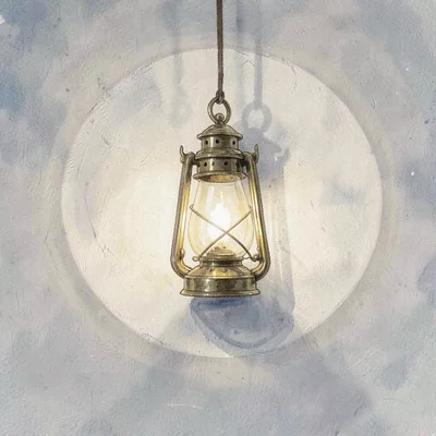 Cozy detail of a hanging brass lantern casting a circle of light on canvas wall