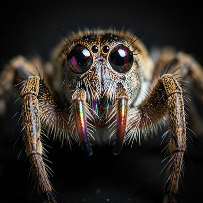 A jumping spider's four front eyes, the large central pair reflecting the photog