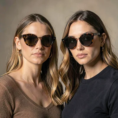 Editorial portrait of two models side by side in matching tortoise sunglasses, c