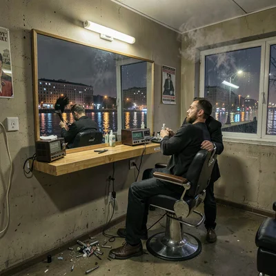 Belgrade brutalist night and Danube reflections, Barber shop interior with singl