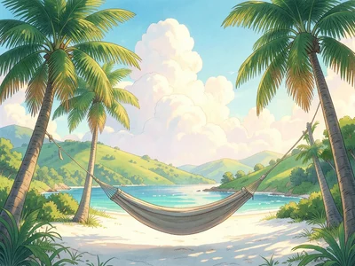 Hammock between palm trees over white sand, turquoise ocean beyond