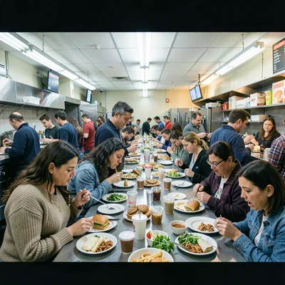 Sandwich shop assembly line during peak lunch hour