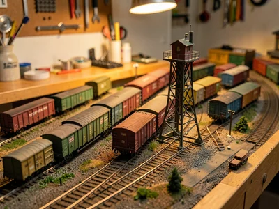 Miniature freight yard with dozens of tiny boxcars, switching tower, the complex