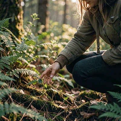 Moody view of a forager kneeling to identify a plant, hand reaching down through