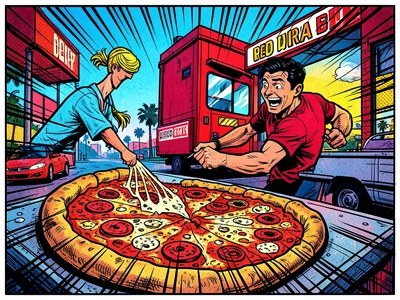 Pizza delivery scene in pop art, bold colors, comic book action lines