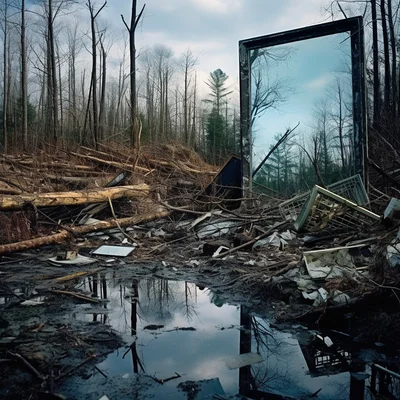 Photo A mirror in a landfill reflects a pristine fore