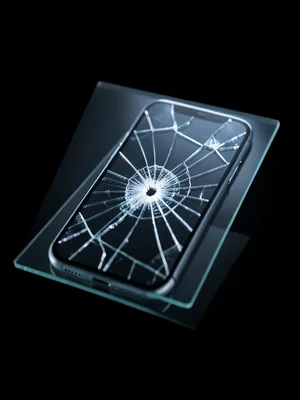 A cracked smartphone with shattered screen placed face-down on the scanner, frac