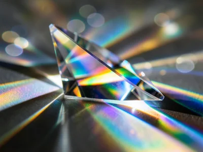 Light through beveled glass trophy refracting into spectral colors on diploma