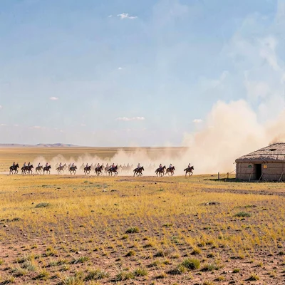Gobi steppe horizontal, Mongolian vastness, Naadam festival horse racing, dozens