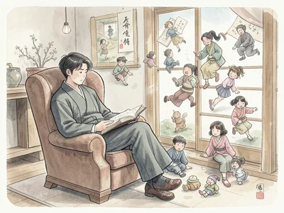 Reader in armchair, book open, story characters emerging and filling the room