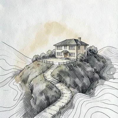 Precise pen-and-ink elevation of a small school perched on a hilltop, footpaths 