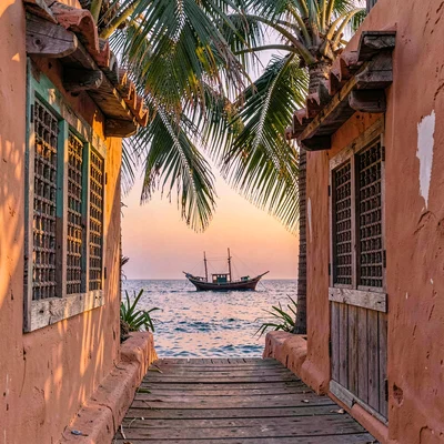 Coastal architecture photograph with Swahili influences, Sunset through Palm fro