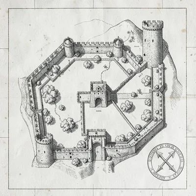 A medieval keep-and-bailey castle plan with motte, inner bailey, gatehouse, lord