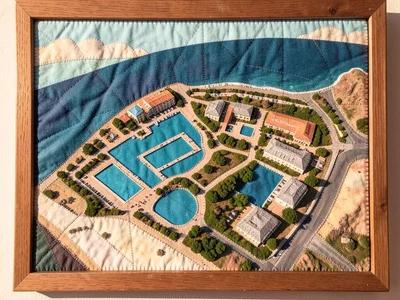 Satellite-view of coastal resort, pools and buildings as abstract shapes
