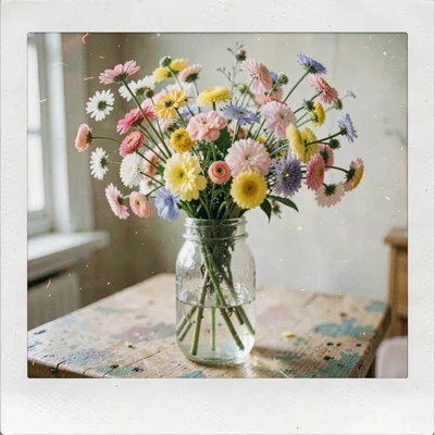 Expired Polaroid instant film photograph, Bouquet of wildflowers in mason jar on