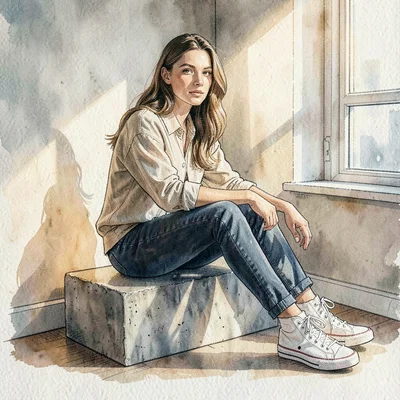 Editorial portrait of a model seated on a low concrete plinth showing high-top b