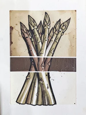 Bundle of asparagus — gouge marks following the spear ridges, three earthy color