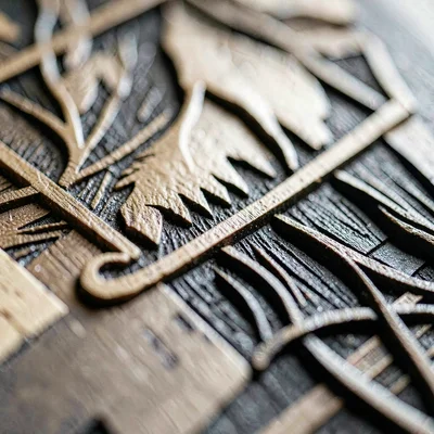 Mineral-cut macro of a hand-carved linocut block surface, raking light catching 