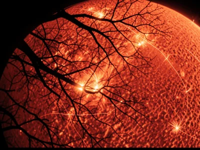Autumn sun flare through bare tree branches, extreme lens artifacts, orange glow