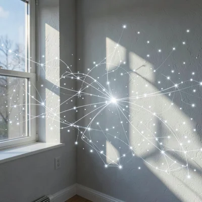 Pure light study - window light on wall, pinhole rendering every photon's path v
