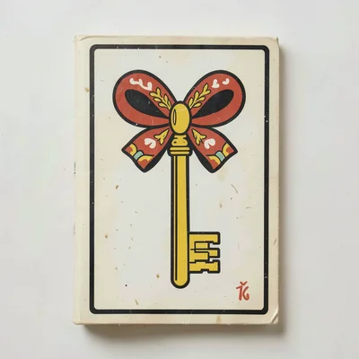 Czech matchbox label illustration, a key with decorative bow design , vintage Ea