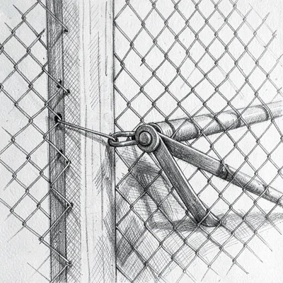 Pen-and-ink rendering of a chain-link fence stretcher pulling mesh tight along a