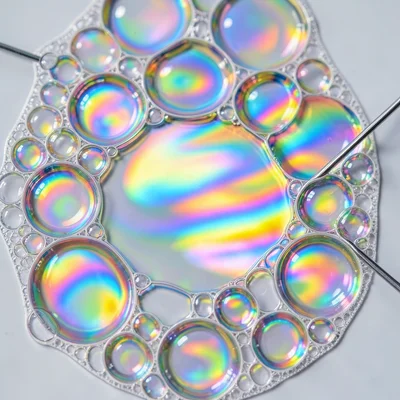 Cluster of soap bubbles, each sphere showing different interference colors based