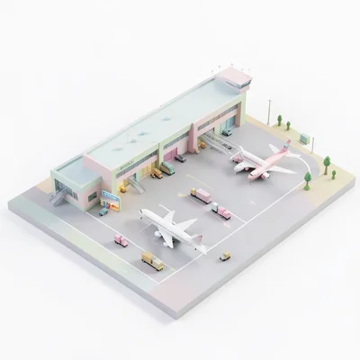 A miniature airport: terminal with gates, control tower, planes taxiing, baggage