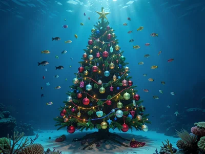 Christmas tree fully decorated underwater, ornaments floating upward, fish