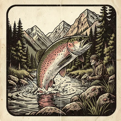 Craft beer label illustration, Trout leaping from mountain stream , brewery labe