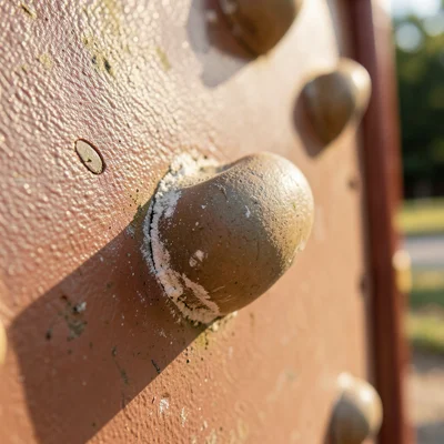 A climbing wall handhold, the textured surface worn smooth at the grip point, ch