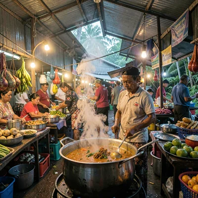 Humid tropical market light in Suva, Fiji, Steam rising from a pot of curry in t