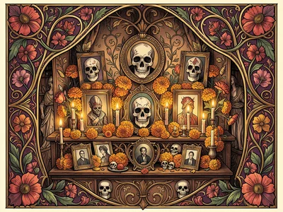 Day of the Dead altar with marigolds, candles, sugar skulls, and photo frames, w