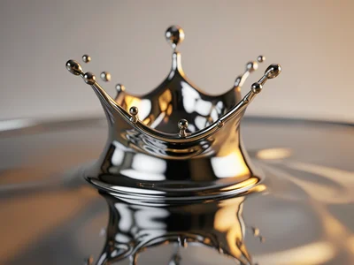 Liquid chrome mid-splash frozen in time, crown shape with metallic droplets sepa