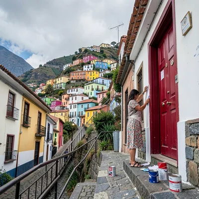 Valparaiso hillside color, painted houses climbing, Woman painting her front doo