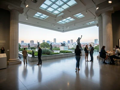 A museum rooftop terrace: sculpture garden, city panorama beyond, visitors with 