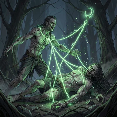 Magic spell effect illustration, necromancy raising undead, green ethereal energ