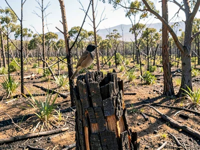 Bird perched on burned snag surveying recovery