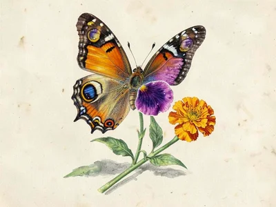 Peacock Pansy Butterfly and Marigold