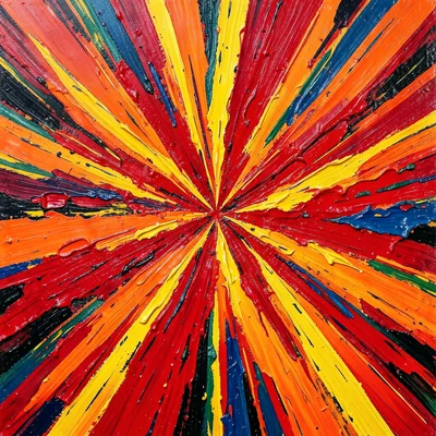 Explosion of warm reds, oranges, and yellows radiating from center, action paint