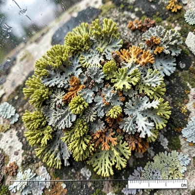Lichen growing on old glass, window pane colonized by crustose thallus, light fi