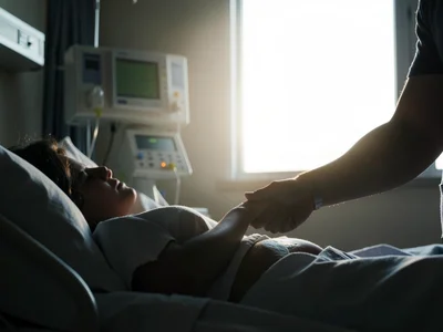 A patient in a hospital bed silhouetted against a bright window, a visitor's han