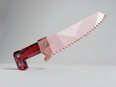 Single ruby-red lowpoly handsaw with a sharply toothed faceted blade and a cryst