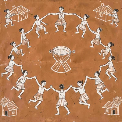 Circle of figures dancing around a central drummer — hands joined, feet lifted
