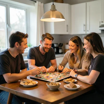 Friends playing board game at kitchen table, snacks scattered, warm pendant ligh