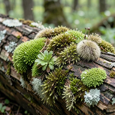 Close-up of multiple moss species on spring log, different textures and greens